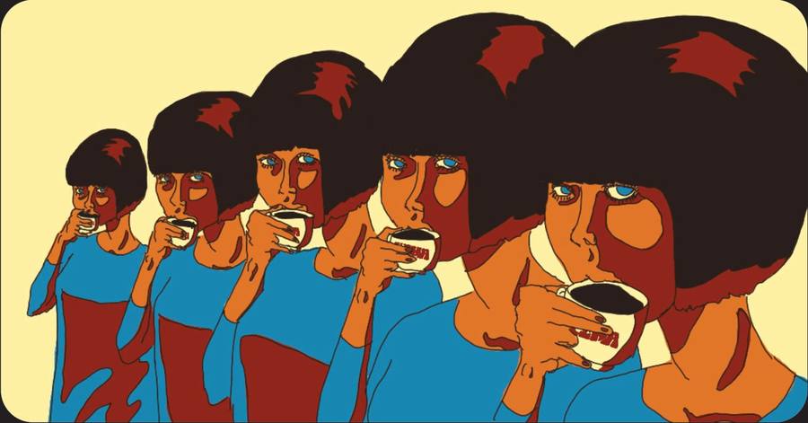 Illustration für KAFE SENA, fünf Figuren mit Kaffeetassen